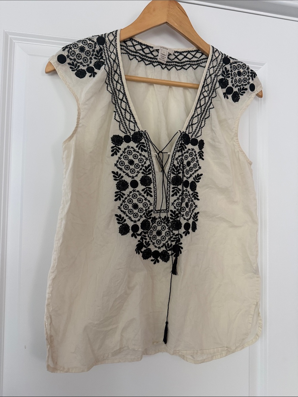 J. CREW Cream/Black Embroidered Top